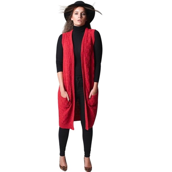 🟣 LAUREN MICHELLE RED KNIT SLEEVELESS CARDIGAN SIZE LARGE - Picture 1 of 7